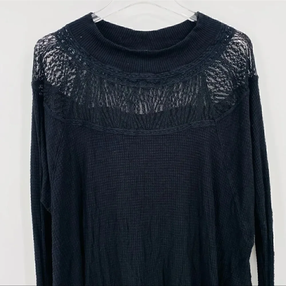 Free People Spring Valley Lace Waffle Knit Thermal Boho Top
